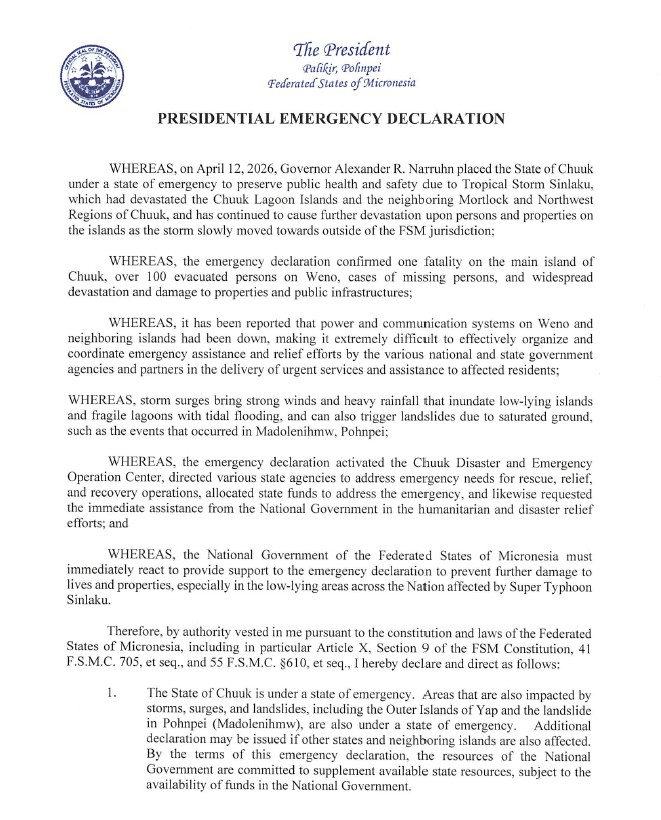 PRESIDENTIAL EMERGENCY DECLARATION – TYPHOON SINLAKU – FSM Government